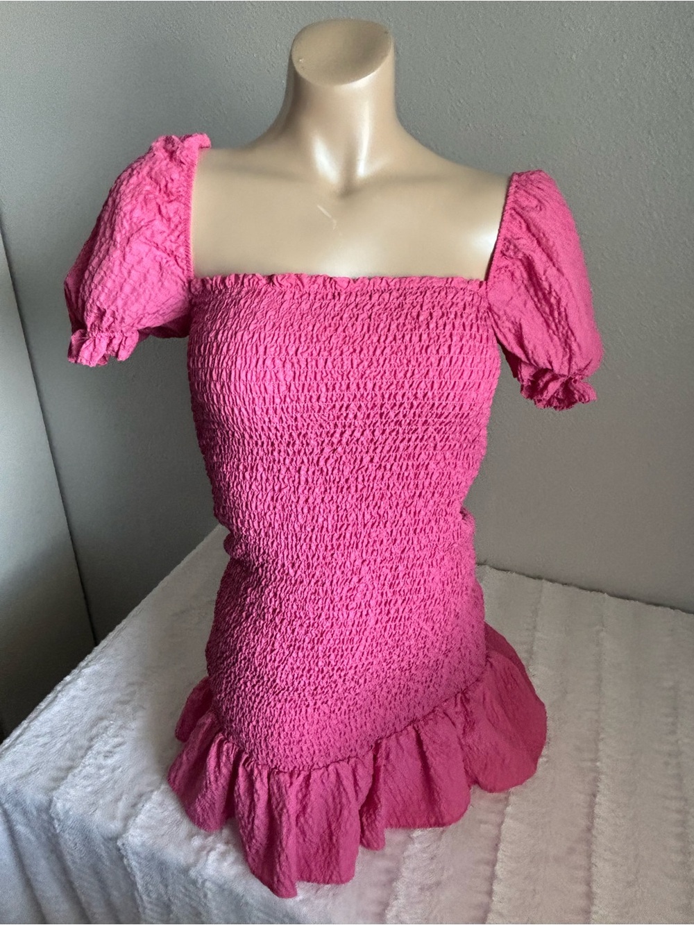 ZARA Pink Smocked Puff Sleeve Mini Dress
